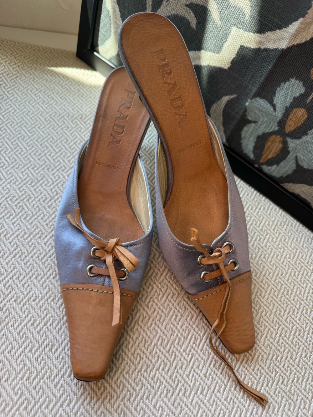 Prada Lavender and Tan Leather Pointed-Toe Lace-Accent Mules